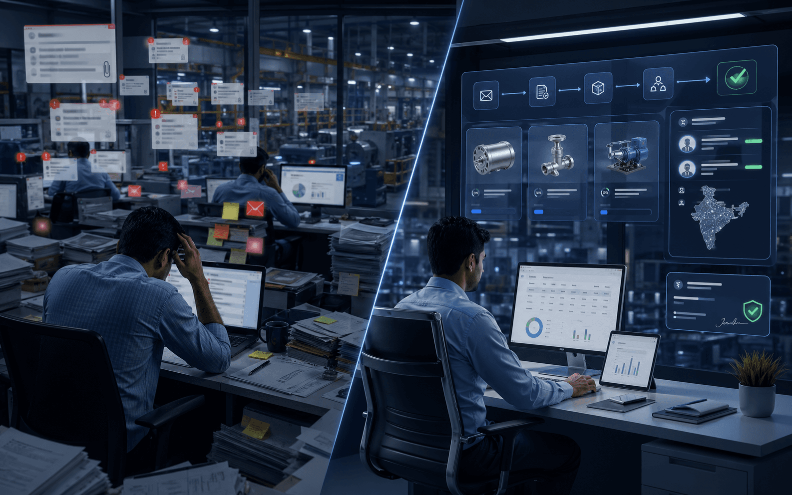 Before and after view of an industrial RFQ sales workflow