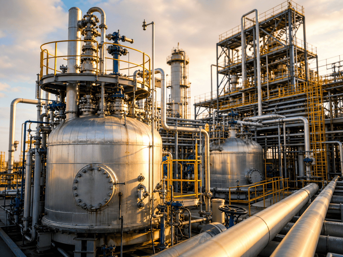 An industrial chemical plant at golden hour with reactor vessels, steel piping, and walkways — photographed cleanly without smokestacks or visible smoke.