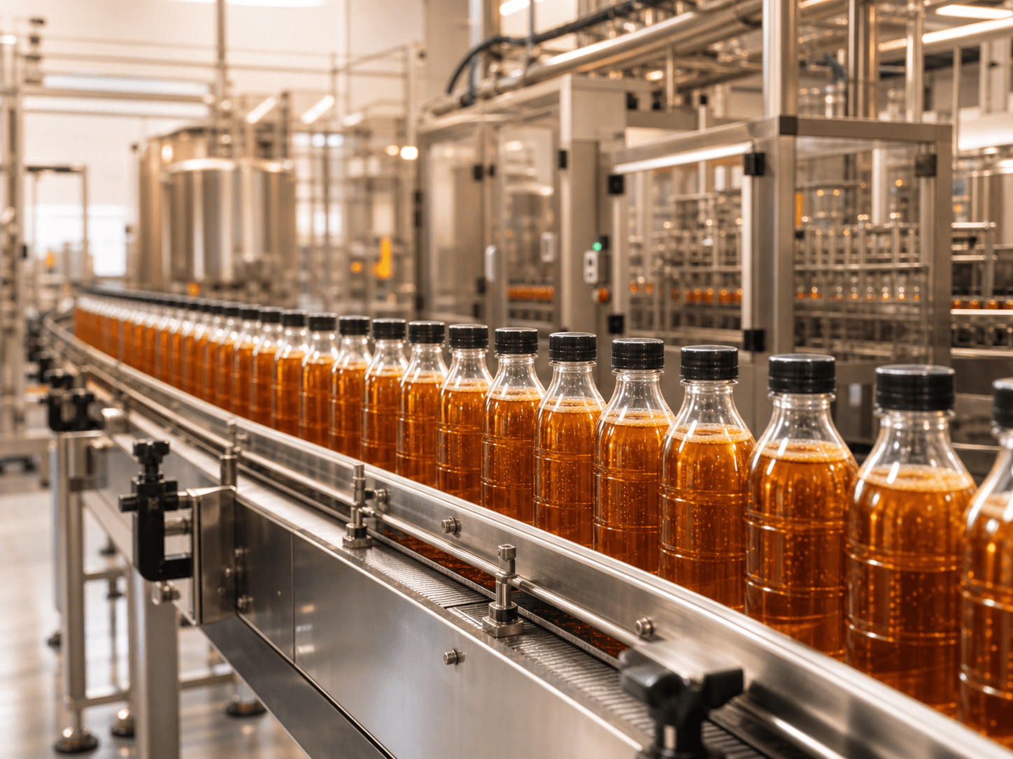 A clean food and beverage production line with bottles or cans moving along a stainless steel conveyor, soft warm lighting, premium editorial feel.