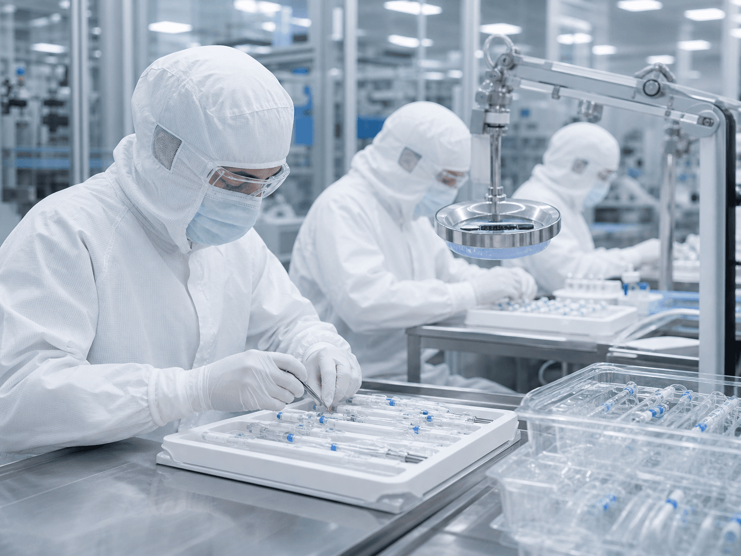 A bright cleanroom with technicians in white suits assembling medical devices, photographed in soft cool tones with a sense of precision and order.