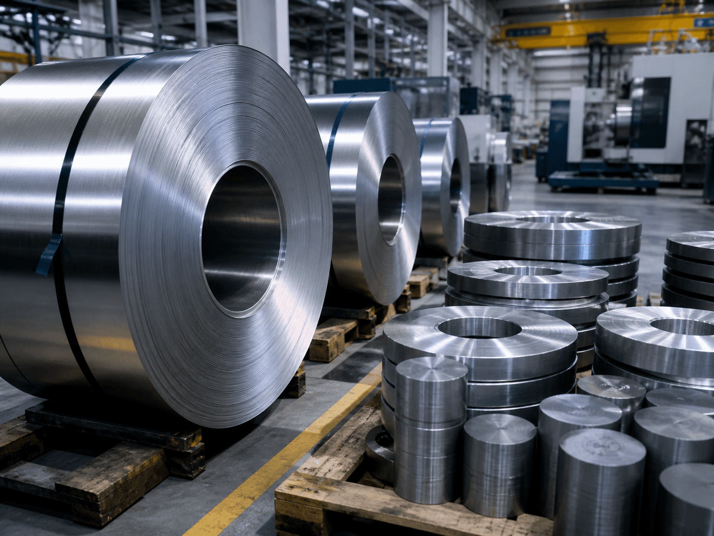 Polished steel coils and forged metal blanks stacked neatly on a factory floor, lit with cool blue-grey light and a subtle reflection on the polished surfaces.