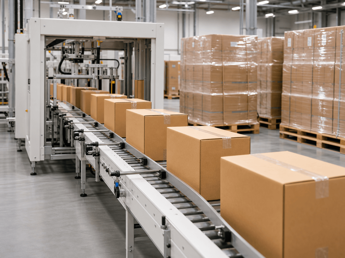 A clean packaging line with corrugated cartons moving along a conveyor and shrink-wrapped pallets in the background, photographed in a bright, modern factory.